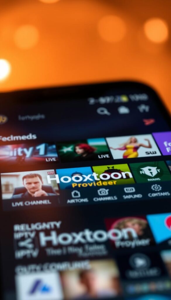 A close-up shot of an Android smartphone screen displaying the intuitive user interface of the Hoxtoon IPTV player app. The app's sleek and modern design showcases a wide selection of live TV channels, on-demand content, and other multimedia features. The screen is bathed in a warm, diffused lighting, creating a cozy and inviting atmosphere. In the foreground, the Hoxtoon Provider logo is prominently displayed, emphasizing the app's reliable and high-quality IPTV service. The middle ground features various menu options and content categories, allowing the user to navigate the app with ease. The background blurs softly, keeping the focus on the engaging and user-friendly interface of the Hoxtoon IPTV player.