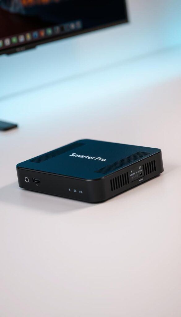 A close-up shot of an IPTV Smarters Pro device, showcasing its sleek and modern design. The device is placed on a minimalist, light-colored surface, allowing it to take center stage. The lighting is soft and diffused, creating a warm and inviting atmosphere. The camera angle emphasizes the device's clean lines and premium build quality, capturing the attention of the viewer. In the background, a subtle pattern or texture adds depth and visual interest, without distracting from the main subject. The overall composition conveys the versatility and user-friendly nature of the IPTV Smarters Pro, highlighting its compatibility with a wide range of devices, including the Hoxtoon Provider.