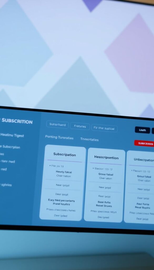A close-up shot of an IPTV subscription service interface, showcasing the Hoxtoon Provider's pricing plans. The foreground displays a sleek, minimalist dashboard with bold typography and clean layout, highlighting the various subscription tiers and their corresponding features and prices. The middle ground features a subtle backdrop of abstract geometric patterns in a muted color palette, adding visual interest without distracting from the main focus. The lighting is soft and diffused, creating a professional and trustworthy atmosphere. The overall composition emphasizes the clarity and accessibility of the Hoxtoon Provider's subscription offerings.