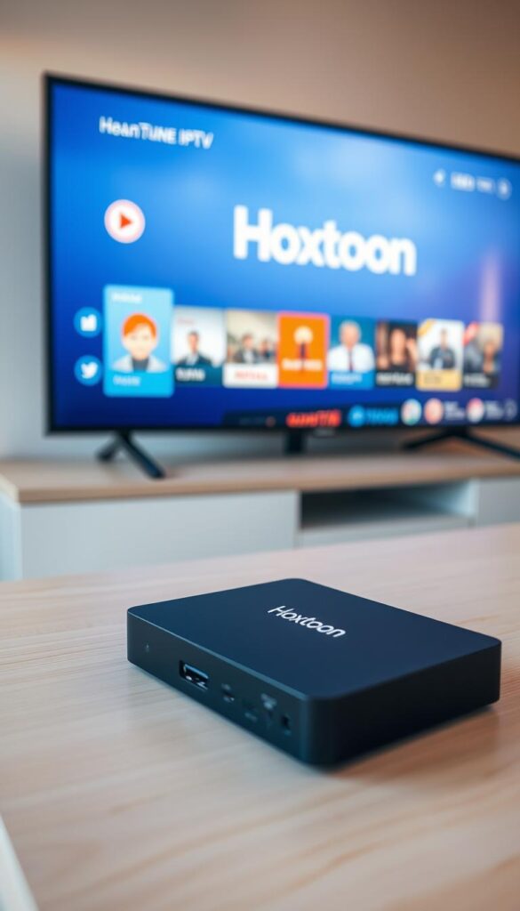 A close-up shot of an android TV box setup for the Hoxtoon IPTV provider. The box is placed on a sleek, minimalist desk, its edges sharp and its matte black finish contrasting with the light wood surface. Nearby, a modern TV displays the Hoxtoon interface, showcasing its intuitive menu and content selection. The lighting is soft and diffused, creating a warm, inviting atmosphere. The focus is on the android TV box, its ports and connections clearly visible, ready to be configured for a seamless IPTV experience. The scene conveys a sense of technology and efficiency, with the Hoxtoon brand prominently displayed on the TV screen.