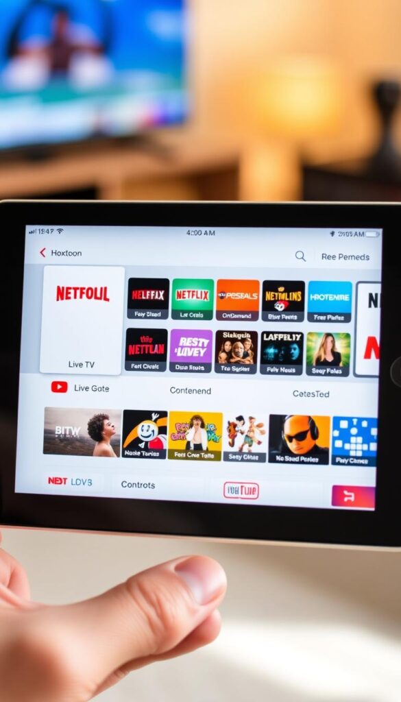 A close-up shot of an iOS device screen displaying the Hoxtoon Provider IPTV service's sleek and intuitive user interface. The screen showcases a wide selection of live TV channels, on-demand content, and advanced features like DVR and parental controls. The device is held in a natural, hand-held position, with a soft, blurred background that suggests a cozy, domestic setting. The lighting is warm and natural, highlighting the vibrant colors and crisp details of the interface. The overall mood is one of ease and accessibility, reflecting the seamless IPTV experience for iOS users.