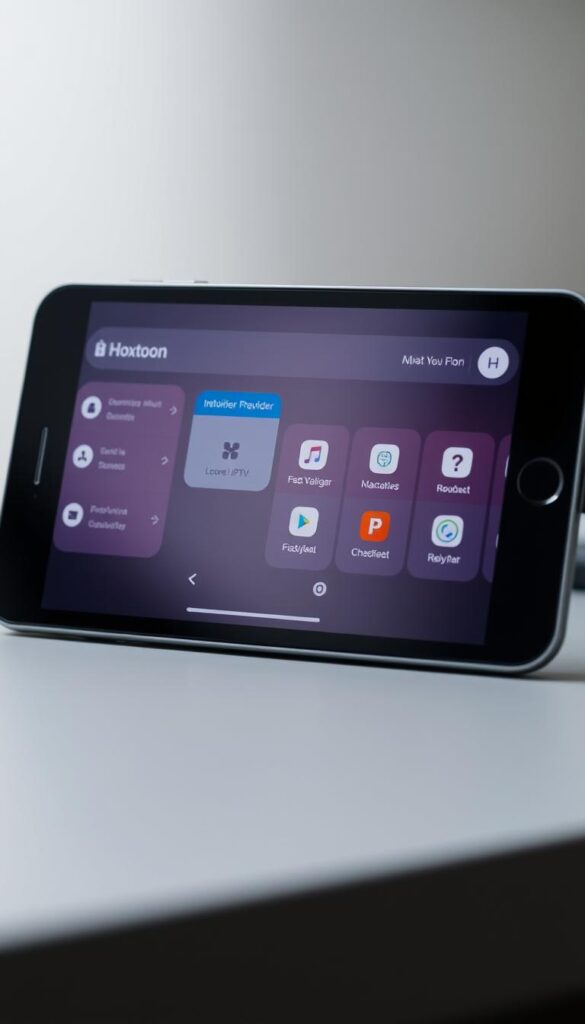 A close-up shot of an iOS device's screen, showcasing the Hoxtoon Provider IPTV app. The app's intuitive interface is prominently displayed, with sleek icons, a clean layout, and a user-friendly navigation menu. The device is positioned on a minimalist, gray surface, illuminated by soft, diffused lighting that creates a subtle, professional atmosphere. The overall composition emphasizes the app's seamless integration with the iOS platform, highlighting its optimized performance and compatibility.