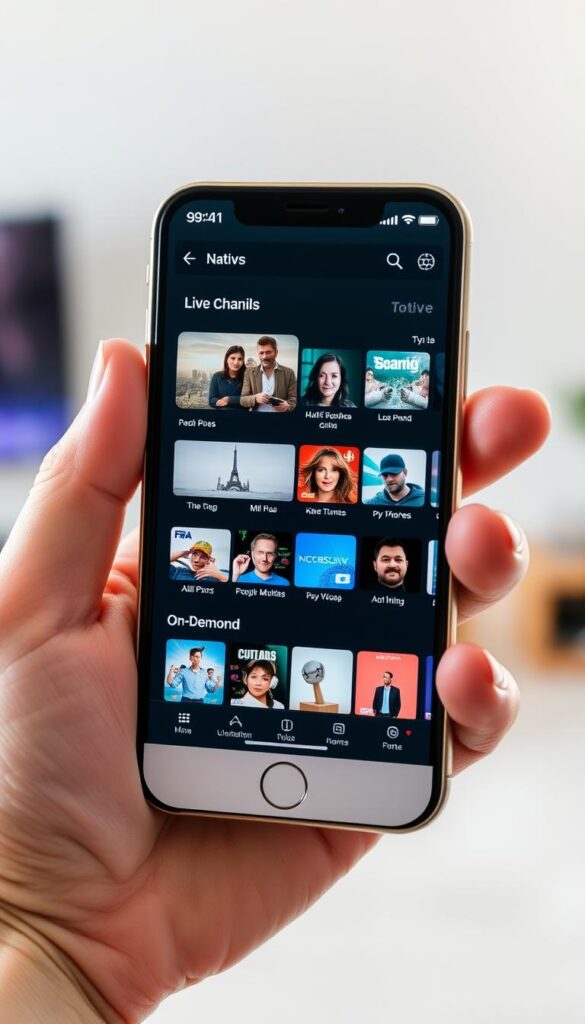 A close-up shot of an iPhone displaying the Hoxtoon Provider IPTV service's sleek and intuitive user interface. The screen shows a grid of live TV channels and on-demand content, with a clean and modern design that seamlessly integrates with the device's aesthetics. The iPhone is held in a well-lit, minimalist setting, showcasing the service's accessibility and convenience for mobile IPTV viewing. The scene conveys a sense of technological sophistication and the future of television consumption on the go.