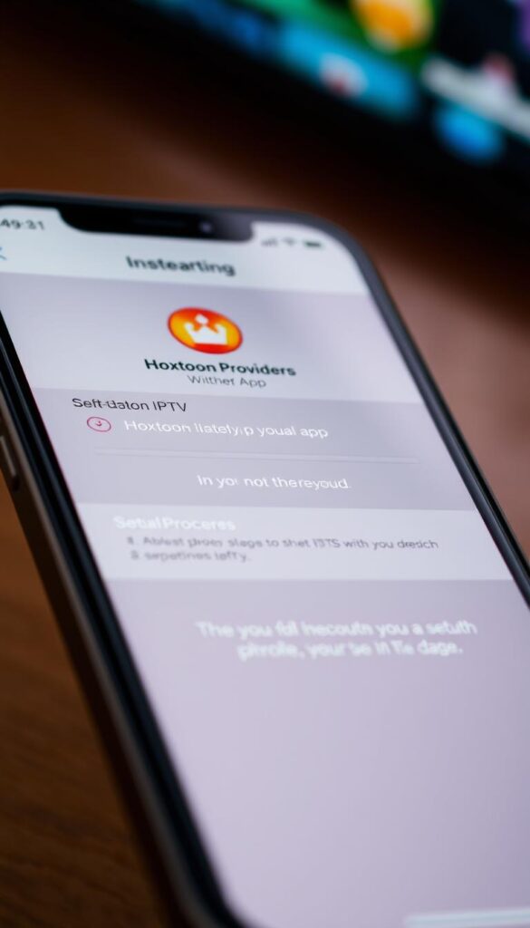 A close-up shot of an iPhone screen displaying the Hoxtoon IPTV app's installation process. The screen shows step-by-step instructions guiding the user through the setup, with a clean and intuitive interface. The image has a warm, natural lighting that highlights the vibrant colors of the app's branding, including the "Hoxtoon Provider" logo. The background is softly blurred, keeping the focus on the device and the app's onboarding experience. The overall tone is informative and visually appealing, reflecting the ease of use and reliability of the Hoxtoon IPTV service.