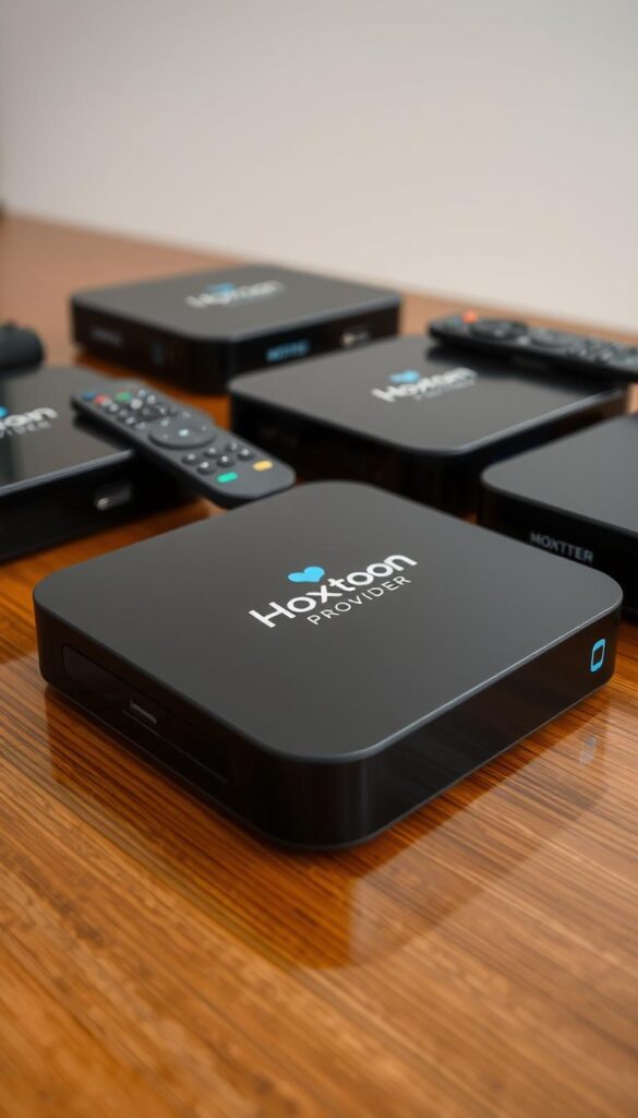 A close-up shot of several Arabic IPTV streaming devices arranged on a wooden table, with the Hoxtoon Provider logo prominently displayed on one of the devices. The devices are showcased in a well-lit, minimalist setting, capturing their sleek and modern design. The image conveys a sense of versatility and multi-device support, alluding to the ability to use the IPTV service on various platforms simultaneously. The composition emphasizes the devices' functionality and integration, highlighting the convenience and accessibility of the Hoxtoon Provider's IPTV offering.