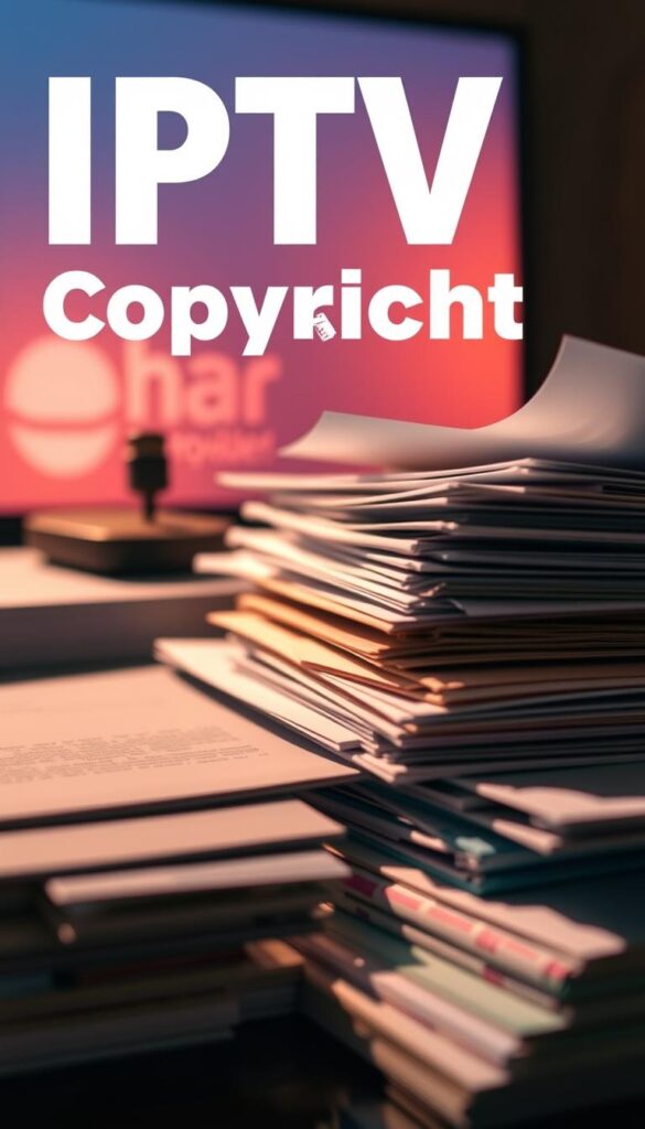 A close-up shot of stacks of legal documents, papers, and folders with the text "IPTV Copyright Issues" prominently displayed. The scene is illuminated by warm, directional lighting, casting dramatic shadows and highlighting the textures of the materials. In the background, a Hoxtoon Provider logo is subtly visible, hinting at the legal considerations surrounding the use of IPTV services. The overall mood is one of seriousness and concern, reflecting the gravity of the subject matter.