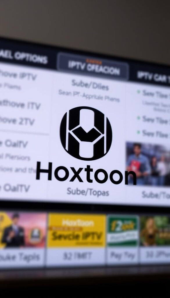 A close-up shot of the Hoxtoon Provider brand logo against a blurred background of various IPTV service plans and subscription options. The logo is prominently displayed, with its sleek and modern design showcasing the provider's premium quality. The background features a soft, muted color palette, creating a sense of sophistication and professionalism. The lighting is directional, casting subtle shadows and highlights on the logo, adding depth and dimension to the image. The overall composition is balanced and visually appealing, conveying the idea of Hoxtoon as a leading IPTV service in America.