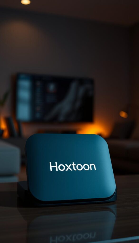 A close-up shot of the Hoxtoon Provider logo, prominently displayed on a sleek, modern IPTV device against a backdrop of a dimly lit living room. The device's minimalist design and muted tones create a sophisticated and premium atmosphere. Subtle ambient lighting casts a warm glow, emphasizing the high-quality craftsmanship and attention to detail. The scene conveys a sense of reliability, exclusivity, and the cutting-edge technology that Hoxtoon Provider offers as the leading IPTV service in the USA.