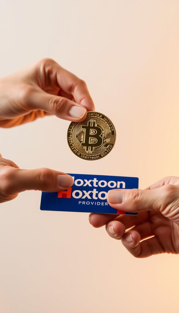 A close-up shot of two hands exchanging a Bitcoin cryptocurrency coin for a digital IPTV service subscription, with the "Hoxtoon Provider" brand logo prominently displayed. The scene is set against a clean, minimalist background with soft, warm lighting, conveying a sense of secure, seamless transaction. The image highlights the convenience and privacy of buying IPTV services using the decentralized digital currency of Bitcoin.