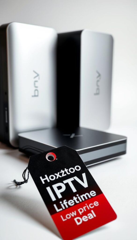 A close-up shot of two silver IPTV set-top boxes side by side, with sleek and minimalist designs. The boxes are situated on a clean, white background, illuminated by soft, diffused lighting that casts subtle shadows. The focus is on the boxes, showcasing their premium build quality and attention to detail. In the foreground, a price tag label prominently displays the text "Hoxtoon Provider IPTV Lifetime Lowprice Deal", highlighting the value proposition. The overall scene conveys a sense of quality, affordability, and the reliability of the Hoxtoon IPTV service.