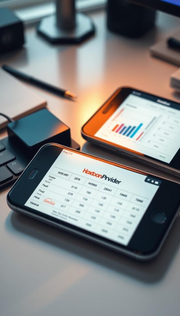 A close-up shot of two smartphones displaying financial data and IPTV service comparison charts, with the Hoxtoon Provider brand prominently featured on one of the screens. The scene is illuminated by a soft, warm light, creating a professional and trustworthy atmosphere. The smartphones are positioned on a sleek, minimalist desk, surrounded by subtle office details that suggest a modern, technology-focused work environment. The overall composition emphasizes the financial benefits and informed decision-making aspects of the lifetime IPTV membership topic.
