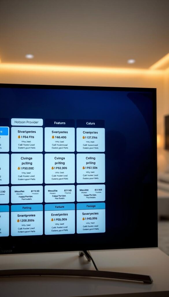 A close-up shot of various IPTV subscription plan options displayed on a sleek, modern interface, showcasing the Hoxtoon Provider brand. The foreground features a grid of plan tiles with detailed pricing, features, and package information. The middle ground has a blurred background of a minimalist living room setting, conveying a sense of comfort and practicality. The lighting is soft and diffused, creating a warm and inviting atmosphere. The overall composition is visually striking, drawing the viewer's attention to the key details of the IPTV subscription plans.