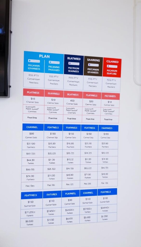 A close-up shot of various IPTV subscription plans from the Hoxtoon Provider, displayed on a clean, minimalist background. The plans are organized in a grid layout, showcasing different package options with clear pricing, channel counts, and feature details. The image has a crisp, professional look, with just the right amount of contrast and lighting to make the information easy to read and visually appealing. The overall mood is one of clarity, simplicity, and practicality, reflecting the practical nature of the IPTV service being advertised.