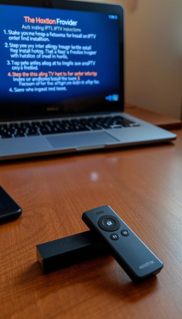 A close-up view of a Firestick device on a wooden table, with step-by-step installation instructions displayed on a laptop screen in the background. The Firestick is positioned prominently in the foreground, casting a warm, flickering glow reminiscent of a fire. The laptop screen shows detailed, easy-to-follow steps for installing a Hoxtoon Provider IPTV service on the Firestick, with clean, minimalist typography and icons. The lighting is soft and diffused, creating a cozy, inviting atmosphere. The overall composition is balanced and visually appealing, drawing the viewer's attention to the key elements of the Firestick and the installation process.