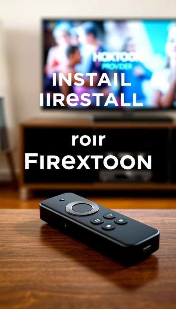 A close-up view of a Firestick remote control on a wooden surface, with the Hoxtoon Provider app logo prominently displayed on the screen. The Firestick is positioned in the foreground, with a blurred background featuring a modern living room setting, such as a television or entertainment system. The lighting is soft and natural, creating a warm and inviting atmosphere. The composition is balanced, with the Firestick remote positioned at a slight angle to draw the viewer's attention. The overall image conveys a sense of ease and simplicity in the process of installing the Hoxtoon Provider app on a Firestick.