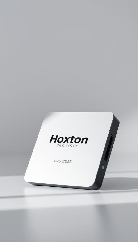 A close-up view of a Hoxtoon Provider IPTV MAG box, showcased against a clean, minimalist background. The box is positioned at a slight angle, highlighting its sleek, modern design with a silver-gray metallic finish. Crisp studio lighting illuminates the device, emphasizing its sharp edges and clean lines. The focus is on the front panel, which displays the Hoxtoon Provider branding in a bold, distinctive font. The overall mood is one of technological sophistication and high-quality performance, hinting at the device's capability to provide a seamless IPTV experience.