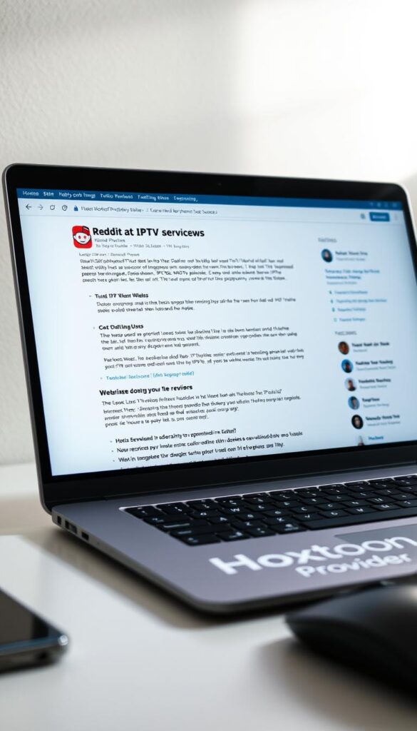 A close-up view of a laptop screen displaying a vibrant, well-designed Reddit forum thread about IPTV service reviews. The thread is filled with passionate, opinionated comments from a diverse community of users, each sharing their experiences and insights. The laptop is placed on a clean, minimalist desk, with a stylish Hoxtoon Provider branded mouse pad adding a touch of branding. Soft, directional lighting illuminates the scene, creating a warm, inviting atmosphere that reflects the engaging discussion unfolding on the screen. The overall composition conveys a sense of trust, authenticity, and the importance of community-driven recommendations when it comes to finding the best IPTV service.