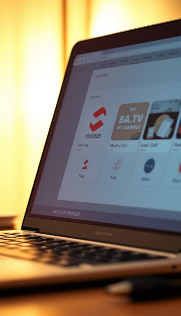 A close-up view of a laptop screen displaying the Hoxtoon Provider interface, showcasing a clean and intuitive design for accessing lifetime free Arabic IPTV channels. The screen features a minimalist layout with easy-to-navigate menus, highlighting the seamless user experience. The laptop is positioned on a wooden desk, with a warm, soft lighting illuminating the scene, creating a cozy and inviting atmosphere. The background is slightly blurred, allowing the focus to remain on the laptop and the Hoxtoon Provider interface, emphasizing the simplicity and user-friendliness of the service.