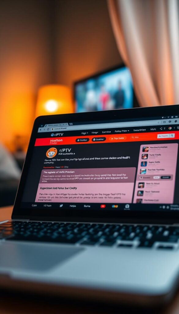 A close-up view of a laptop screen displaying the r/IPTV subreddit, showcasing vibrant discussions about the Hoxtoon Provider, a top IPTV service recommended by the Reddit community. The screen is illuminated by a warm, soft light, casting a cozy atmosphere. The background is blurred, emphasizing the laptop and the engaging online forum. The overall scene conveys a sense of trust and community around the Hoxtoon Provider, a reliable IPTV service that has gained the approval of Reddit users.
