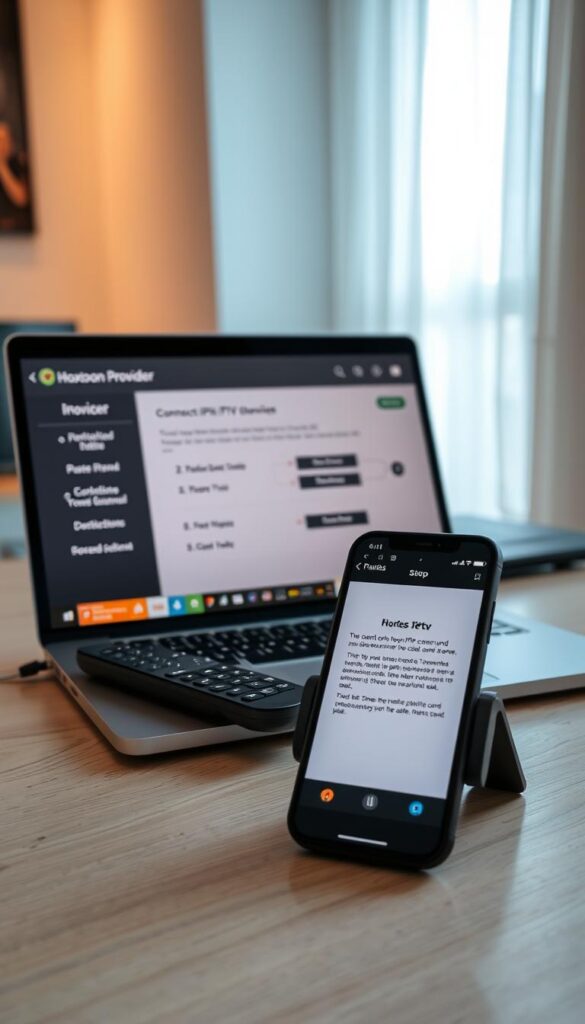 A close-up view of a modern home office setup with a laptop, remote control, and a smartphone displaying the Hoxtoon Provider IPTV service interface. The laptop screen shows step-by-step instructions for configuring the IPTV service, with a focus on connecting to Turkish TV channels. The image has a warm, inviting atmosphere with soft lighting and a minimalist, organized desk arrangement, conveying a sense of ease and simplicity in the IPTV setup process.