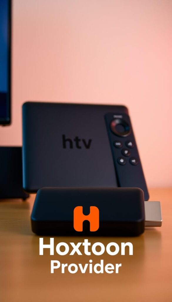 A close-up view of a sleek, modern streaming device, the Fire TV, prominently displayed against a stylish, minimalist background. The device's sharp edges and matte black finish create a sophisticated, high-tech aesthetic. In the foreground, the Hoxtoon Provider logo is prominently featured, showcasing its seamless integration with the Fire TV platform. The lighting is soft and diffused, creating a warm and inviting atmosphere, while the camera angle suggests a sense of authority and professionalism. The overall composition conveys the idea of a reliable, premium IPTV service that seamlessly complements the Fire TV experience.