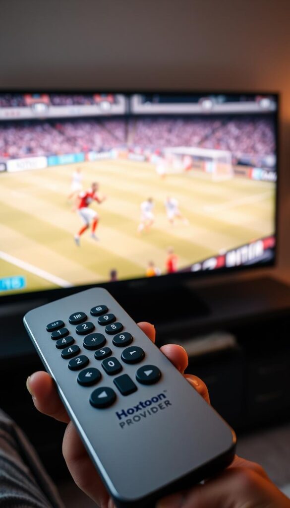 A close-up view of a television screen displaying a live football match, the players on the field visible through a sharp, high-quality image. The screen is surrounded by a sleek, minimalist black frame, creating a cinematic effect. In the foreground, a hand holding a modern, slim remote control with the Hoxtoon Provider logo prominently displayed. The lighting is warm and natural, creating a cozy, immersive atmosphere. The background is blurred, but hints at a comfortable living room setting, with subtle details that suggest the viewer is enjoying the match from the comfort of their own home.