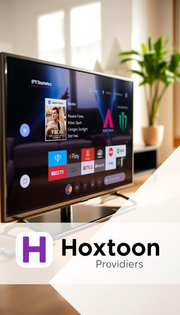 A close-up view of an Android TV device screen displaying the user interface of the IPTV Smarters Pro app. The app's sleek and intuitive design is prominently featured, showcasing its versatility in handling various IPTV formats. The screen is illuminated by soft, natural lighting, creating a warm and inviting atmosphere. In the background, a blurred view of the living room setting suggests the app's suitability for home entertainment. The Hoxtoon Provider logo is subtly displayed in the corner, indicating the app's compatibility with this IPTV service.