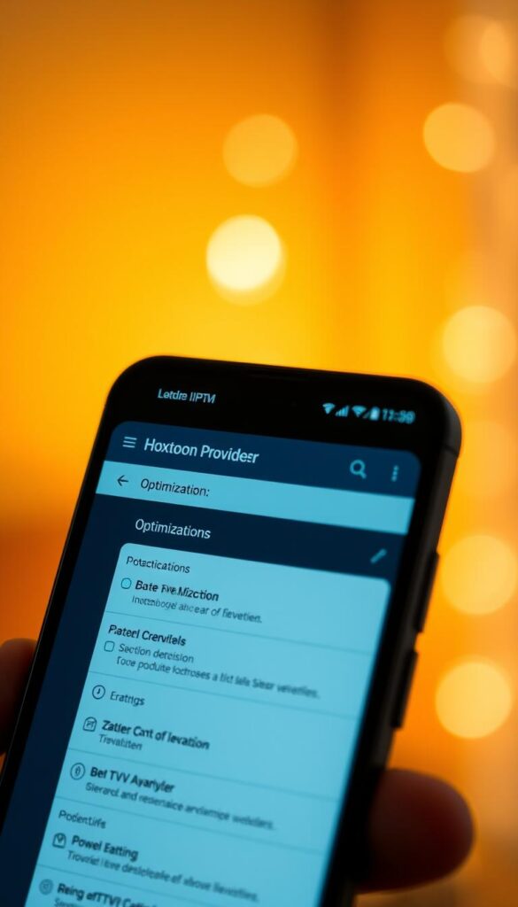 A close-up view of an Android smartphone screen, displaying the Hoxtoon Provider IPTV app interface. The screen shows various settings and optimization options, with sleek and intuitive UI elements. The background is softly blurred, emphasizing the device and the app, which is illuminated by warm, diffused lighting, creating a cozy, inviting atmosphere. The overall composition highlights the seamless integration of IPTV optimization within the Android ecosystem, showcasing the user-friendly experience.