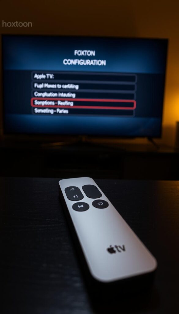A close-up view of an Apple TV remote control resting on a dark wooden surface, with the Hoxtoon Provider IPTV service interface displayed on the connected TV screen in the background. The screen shows a simple and intuitive configuration menu, guiding the user through the setup process. Soft, warm lighting illuminates the scene, creating a calm and focused atmosphere. The overall composition emphasizes the ease and simplicity of configuring the Hoxtoon IPTV service on the Apple TV.