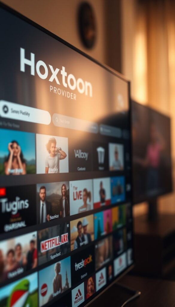 A close-up view of an IPTV streaming service interface, showcasing a wide selection of live TV channels and on-demand content. The Hoxtoon Provider logo is prominently displayed in the top left corner, conveying a sense of professionalism and reliability. The interface features a clean, modern design with intuitive navigation, making it easy for users to browse and select their desired content. The background is softly blurred, creating a focused and immersive experience. The lighting is warm and natural, giving the scene a cozy and inviting atmosphere. The camera angle is slightly tilted, adding a dynamic and engaging perspective to the image.