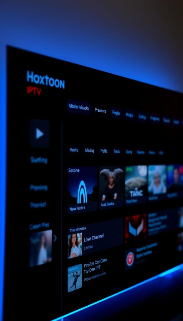 A close-up view of the Hoxtoon Provider IPTV advanced features interface, showcasing a sleek and intuitive dashboard with a dark, minimalist design. The screen displays a grid of customizable widgets, including live channel previews, upcoming program schedules, and personalized recommendations. Soft blue accent lighting illuminates the scene, creating a modern and sophisticated atmosphere. The interface is captured from a slightly elevated angle, emphasizing the level of control and sophistication that Hoxtoon's IPTV lifetime service provides.