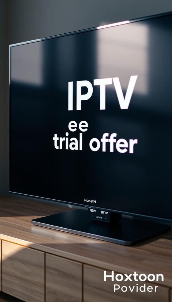 A close-up, well-lit, photorealistic image of a modern flat-screen TV displaying the "IPTV free trial offer" text prominently on the screen. The TV is placed on a clean, minimalist wooden media console, with a Hoxtoon Provider logo visible in the bottom corner. The lighting is soft and natural, creating a warm, inviting atmosphere. The image is captured from a slightly low angle, giving a sense of prominence and importance to the TV and the offer. The background is slightly blurred, keeping the focus on the TV and the trial offer.