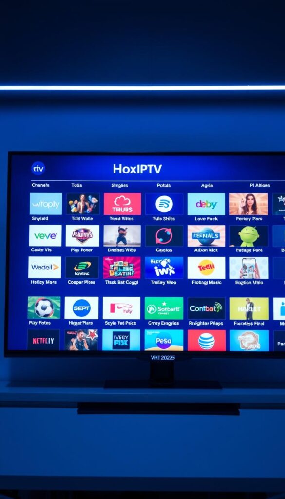 A comprehensive IPTV channel list displayed on a sleek, modern interface. The screen is bathed in a cool, blue-tinted lighting, creating a professional, technological atmosphere. In the foreground, the Hoxtoon Provider logo is prominently featured, showcasing the service's branding. The channel list is organized into intuitive categories, with clear icons and labels, making navigation effortless. The layout is clean and uncluttered, allowing the viewer to focus on the content. The overall scene conveys a sense of reliability, functionality, and a forward-thinking approach to IPTV technology in the year 2025.
