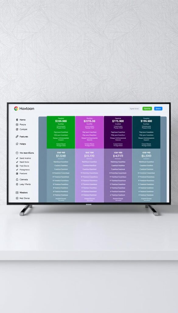 A comprehensive comparison of IPTV subscription plans by the Hoxtoon Provider, displayed on a sleek, minimalist dashboard. The foreground showcases three distinct plan tiers, each with detailed pricing, features, and channel lineups presented in a clean, infographic-style layout. The middle ground highlights the unique selling points of the Hoxtoon service, such as high-definition streaming, multi-device support, and a user-friendly interface. The background features a subtle pattern or texture that adds depth and visual interest, creating a professional, polished aesthetic. The overall composition conveys a sense of clarity, organization, and the value proposition of the Hoxtoon IPTV service.