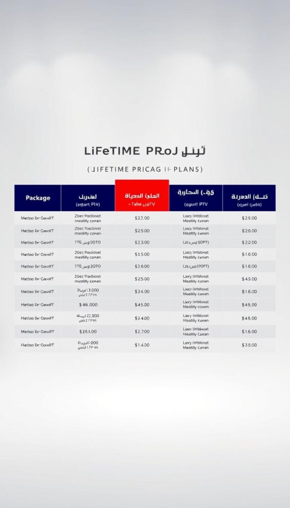 A comprehensive table showcasing the lifetime pricing plans for the Hoxtoon Provider Arabic IPTV service, captured in a sleek and professional-looking image. The table is the focal point, presented on a clean, minimalist background with soft lighting and a subtle gradient. The plans are clearly organized, displaying the various package options, their corresponding prices, and any relevant details or features. The overall mood is one of informative clarity, allowing the viewer to easily understand the lifetime subscription offerings at a glance.