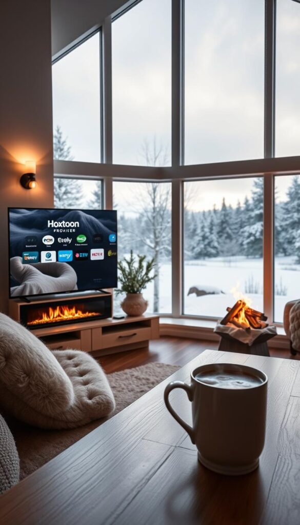 A cozy Scandinavian living room with large windows overlooking a snowy landscape. A sleek, minimalist entertainment center features the Hoxtoon Provider logo, casting a warm glow as it displays a selection of Nordic TV channels. Soft, diffused lighting from sconces and a roaring fireplace create a tranquil, hygge-inspired atmosphere. Plush, neutral-toned furnishings and natural wood accents evoke the region's design aesthetic. On the coffee table, a steaming mug of traditional Nordic glögg completes the scene, capturing the cultural comforts of accessing Scandinavian IPTV content at home.
