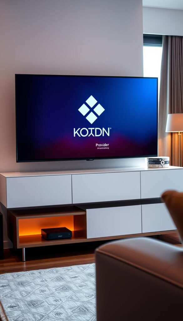 A cozy home entertainment setup, centered around a Kodi media center. In the foreground, a modern TV display showcases the Kodi interface, its clean and intuitive design inviting the viewer to explore its capabilities. On the TV screen, the Hoxtoon Provider logo shines, hinting at the rich IPTV content available through this service. In the middle ground, a sleek, minimalist entertainment unit houses the Kodi-compatible device, its discreet design blending seamlessly into the living space. Subtle ambient lighting casts a warm glow, creating a welcoming atmosphere. The background features a stylish, well-appointed living room, with large windows allowing natural light to flood the scene, conveying a sense of openness and comfort.