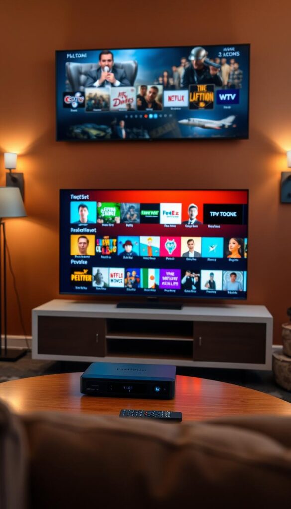 A cozy living room scene with a large flat-screen TV displaying a vibrant array of IPTV channels, showcasing the diverse entertainment options available to expats. The TV is placed on a modern minimalist TV stand, against a warm-toned accent wall. Soft lighting from a floor lamp and wall sconces creates a inviting, homely atmosphere. On a coffee table in the foreground, a Hoxtoon Provider set-top box and remote control are placed, hinting at the seamless connectivity this IPTV service provides. The room is furnished with plush, comfortable seating, creating a space where expats can unwind and feel connected to the comforts of home.