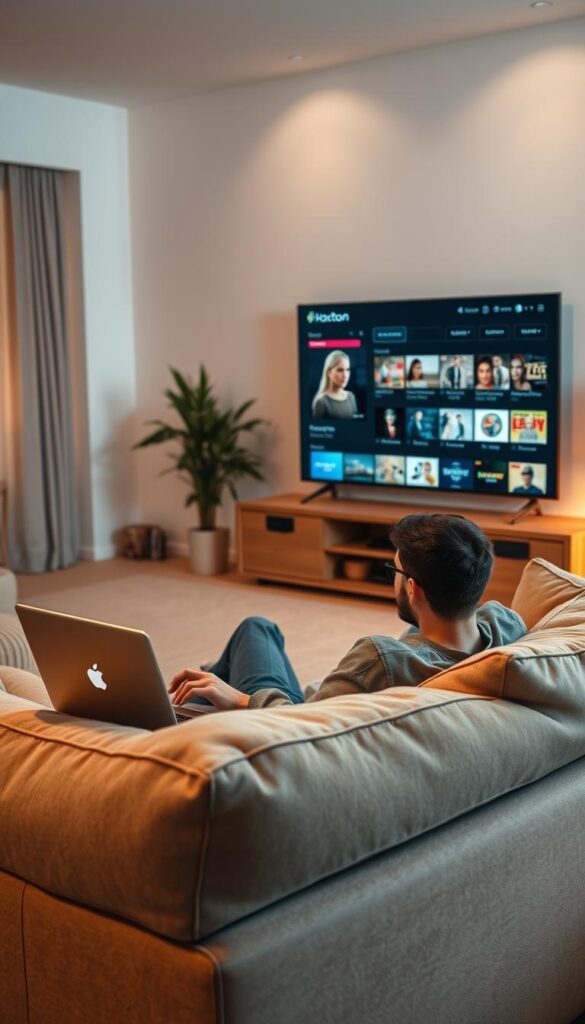 A cozy living room scene with a person lounging on a comfortable sofa, intently focused on their laptop, immersed in their IPTV streaming experience with the Hoxtoon Provider. Soft, warm lighting illuminates the space, creating a welcoming and relaxed atmosphere. The room is tastefully decorated with neutral tones and natural elements, reflecting a modern and minimalist aesthetic. In the background, a large smart TV displays the IPTV interface, showcasing the wide range of content available. The overall scene conveys a sense of satisfaction and contentment with the Hoxtoon IPTV service.