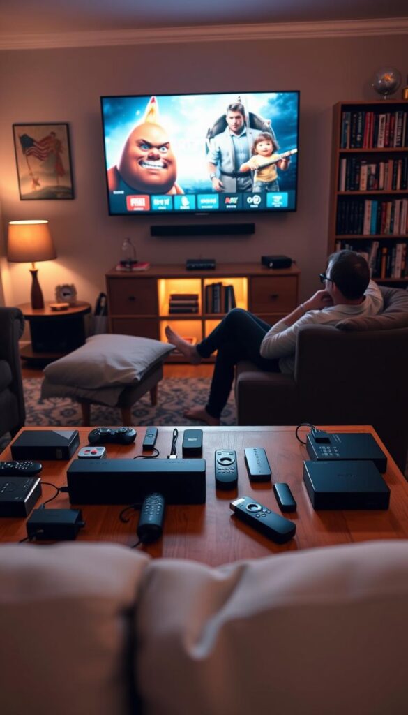 A cozy living room setting, with a Firestick-enabled TV prominently displayed. The room is bathed in warm, soft lighting, creating a welcoming atmosphere. In the foreground, a person is relaxing on a comfortable sofa, intently focused on their Firestick, exploring the Hoxtoon Provider IPTV service. The middle ground features various streaming devices, remotes, and other media accessories, neatly arranged on a wooden coffee table. The background showcases a bookshelf filled with media collections, hinting at the user's diverse entertainment preferences. The overall scene conveys a sense of contentment and immersion in the world of IPTV, as the Hoxtoon Provider service seamlessly integrates with the Firestick user's lifestyle.