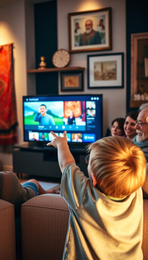 A cozy living room setting with a Romanian expatriate family gathered around a large TV screen, showcasing the Hoxtoon Provider IPTV service. Soft, warm lighting illuminates the scene, highlighting the family's engagement with the screen. In the foreground, a young child excitedly points at the TV, while their parents and grandparents smile, immersed in the content. The background features Romanian-inspired decor, such as traditional textiles and artwork, creating a sense of cultural connection. The overall atmosphere conveys the benefits of IPTV for the Romanian expatriate community, allowing them to stay connected with their homeland.