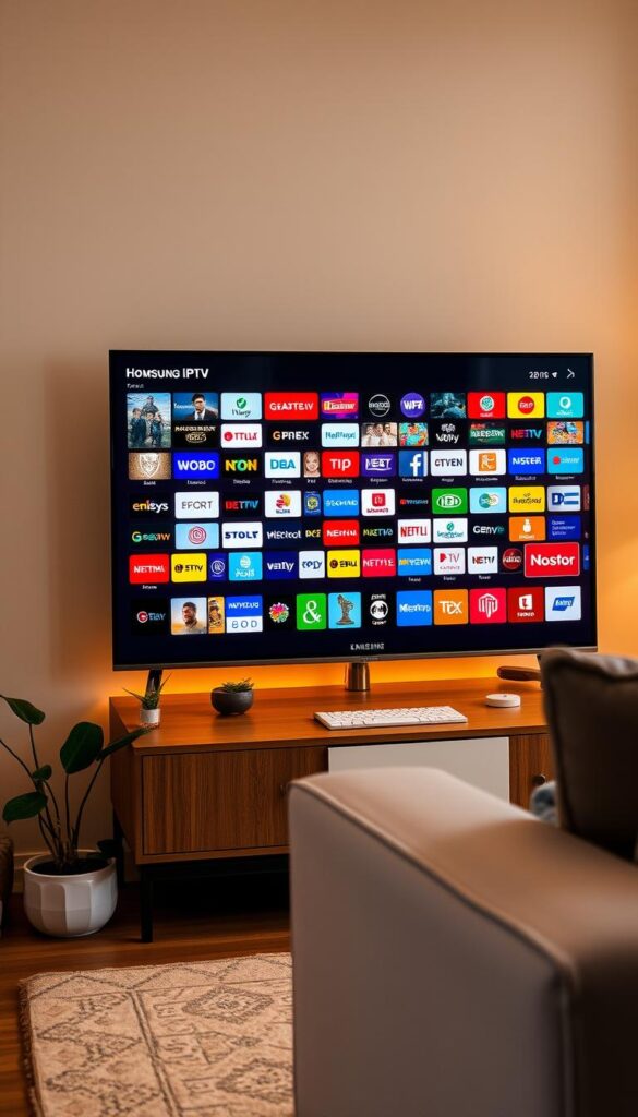 A cozy living room setting with a Samsung TV prominently displayed, showcasing the Hoxtoon Provider IPTV app's vibrant and diverse content library. The TV screen is filled with a lively array of channel logos, hinting at the vast 21,000+ live channels available. Warm lighting illuminates the scene, creating a welcoming atmosphere. The TV is positioned on a stylish media console, surrounded by potted plants and minimal decor, emphasizing the app's seamless integration into a modern home environment. The camera angle captures the TV at a slight angle, highlighting its sleek design and the Hoxtoon Provider branding visible on the screen.