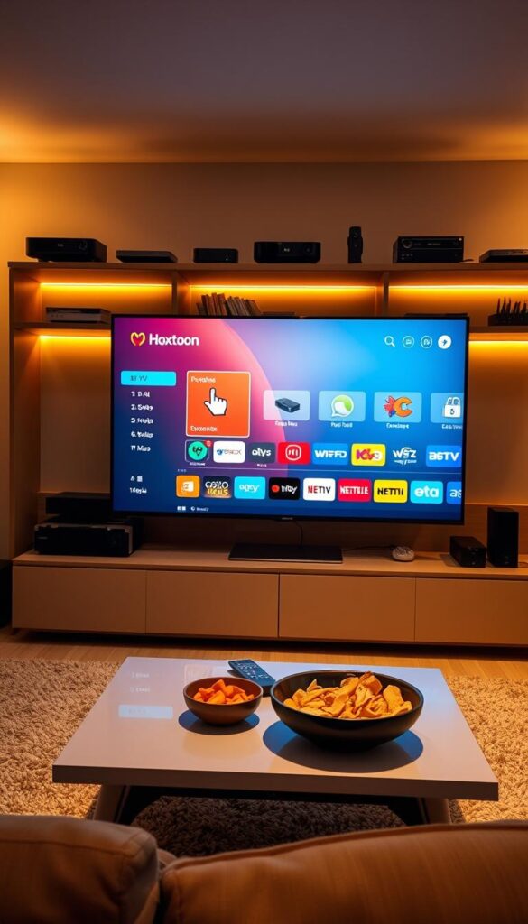 A cozy living room setting with a large flat-screen TV prominently displayed, showcasing the Hoxtoon Provider IPTV service interface. The room is illuminated by warm, diffused lighting, creating a welcoming and relaxed atmosphere. In the foreground, a modern coffee table with a remote control and a bowl of snacks. Behind the TV, shelves display various streaming devices and media players, hinting at the diversity of IPTV options available in Germany. The overall scene conveys the comfort and convenience of enjoying a wide range of IPTV content at home.
