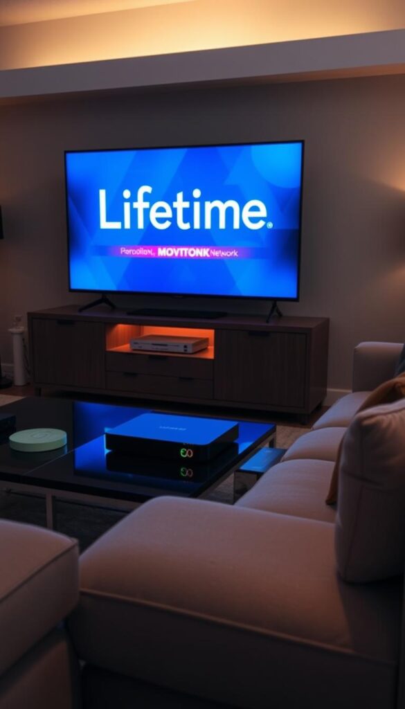 A cozy living room setting with a large flatscreen TV displaying the Lifetime Movie Network logo, surrounded by plush furniture and warm lighting. On a sleek media console, a Hoxtoon Provider IPTV box sits prominently, conveying the seamless integration of Lifetime content into a personalized home entertainment experience. Soft, muted tones create a inviting, relaxed atmosphere, perfectly suited for enjoying a captivating Lifetime movie marathon.