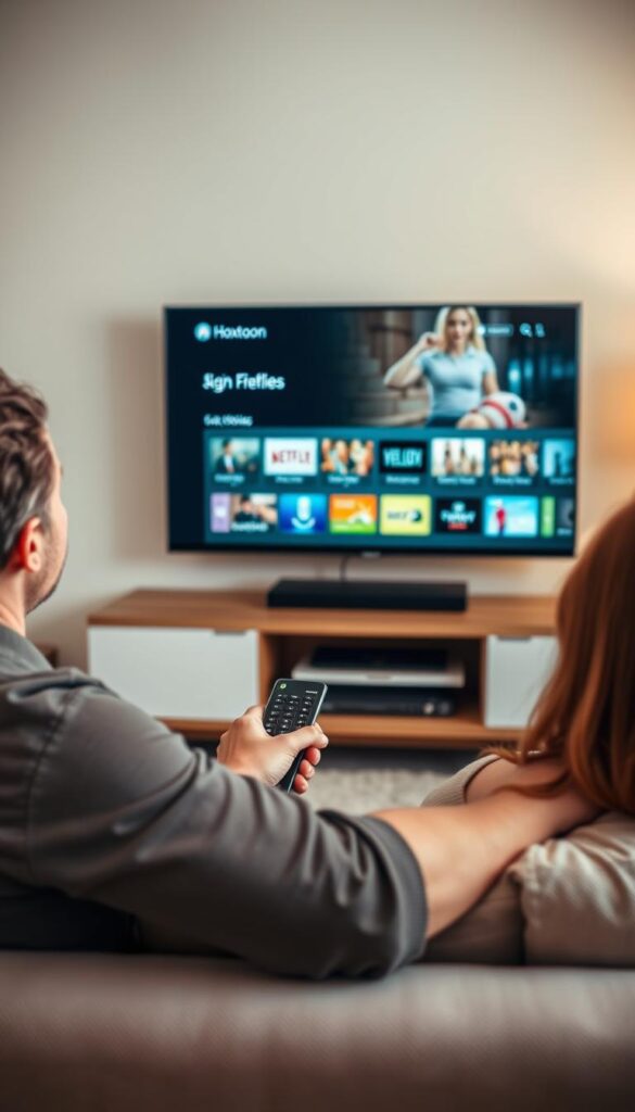 A cozy living room setup with a flat-screen TV displaying the Hoxtoon Provider interface. The user sits comfortably on a plush sofa, remote in hand, navigating the intuitive and visually appealing on-screen menu. The room is softly lit, creating a warm and inviting atmosphere. The interface showcases a clean, modern design with clear categories and easy-to-find content. The user's expression conveys a sense of satisfaction and engagement, reflecting the seamless and enjoyable IPTV experience.