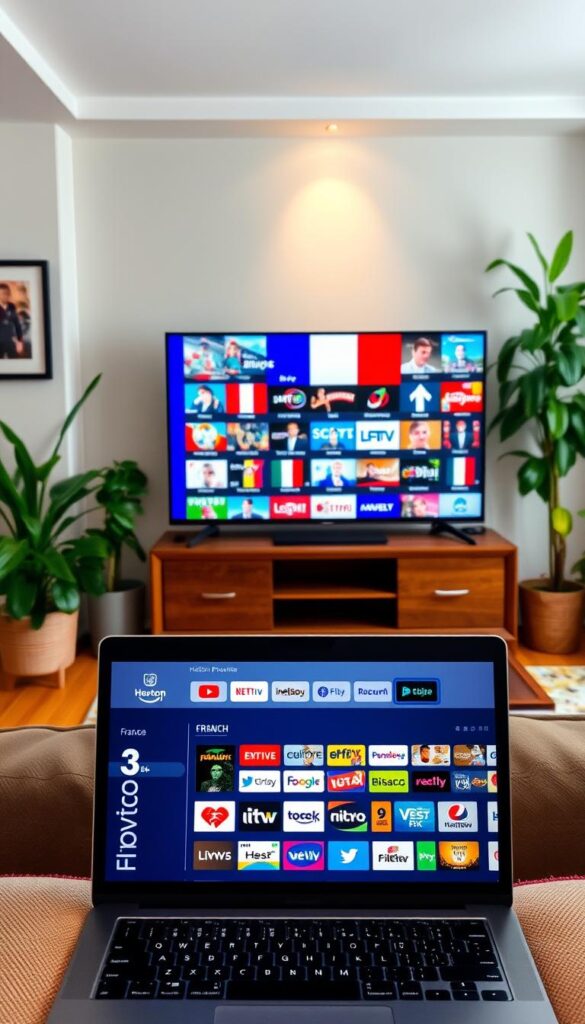 A cozy living room with a large flat-screen TV displaying a vibrant, diverse selection of IPTV channels from France. The TV is situated on a stylish wooden media console, surrounded by lush houseplants and framed artwork on the walls. The lighting is warm and inviting, creating a relaxed atmosphere. In the foreground, a laptop or tablet showcases the Hoxtoon Provider interface, highlighting the extensive 350+ channel lineup available for French viewers. The scene conveys the convenience and enjoyment of accessing a wide range of French programming from the comfort of one's home.