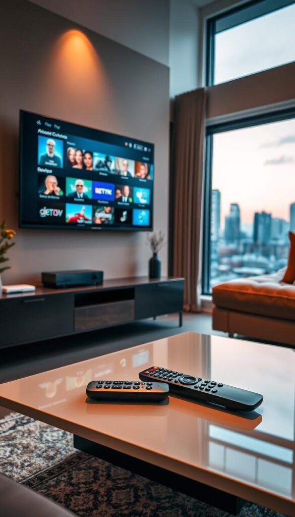 A cozy living room with a large flat-screen TV mounted on the wall, displaying various IPTV streaming options. In the foreground, a Hoxtoon Provider remote control is prominently placed on a sleek, modern coffee table, emphasizing the multi-device support of the service. The room is bathed in warm, soft lighting, creating a comfortable and inviting atmosphere. Through the large windows, a cityscape can be seen in the background, hinting at the global accessibility of the IPTV service. The overall scene conveys the ease and convenience of accessing a wide range of entertainment options across multiple devices within the comfort of one's own home.