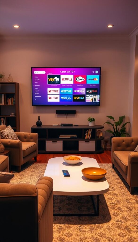 A cozy living room with a large flat-screen TV mounted on the wall, displaying various catch-up TV services such as Hoxtoon Provider. The room is illuminated by warm, soft lighting, creating a relaxed and inviting atmosphere. In the foreground, a comfortable sofa and armchair are arranged facing the TV, suggesting a setup for leisurely viewing. The middle ground features a sleek, modern coffee table with a remote control and a bowl of snacks, hinting at the convenience of catch-up TV. The background showcases a bookshelf and a few houseplants, adding a touch of coziness and personalization to the space.
