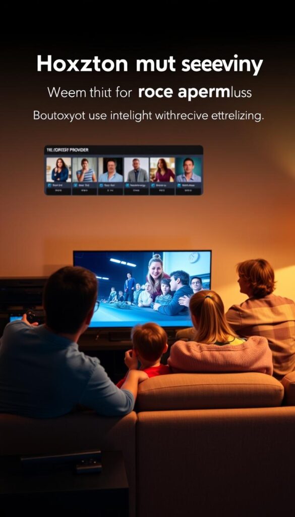 A cozy living room with a large flat-screen TV mounted on the wall, surrounded by various media devices including a Hoxtoon Provider set-top box, a gaming console, and a streaming stick. The room is bathed in warm, diffused lighting, creating a comfortable and inviting atmosphere. In the foreground, a family gathers on a plush sofa, their attention focused on the TV screen as they enjoy seamless multi-device streaming with the Hoxtoon Provider. The scene conveys a sense of modern, integrated home entertainment and the convenience of accessing a wide range of content across different devices.