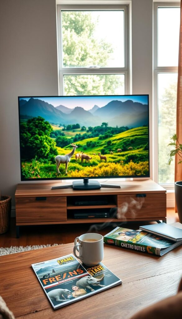 A cozy living room with a large flat-screen TV showing the vibrant and diverse programming of the Hoxtoon Provider IPTV service. The TV displays a captivating nature documentary, with lush, verdant landscapes and majestic wildlife. Soft lighting filters in through large windows, creating a warm, inviting atmosphere. In the foreground, a wooden coffee table holds a steaming mug and a few magazines showcasing the breadth of French regional entertainment options. The room is tastefully decorated with neutral tones and natural textures, reflecting the comforting, at-home vibe of a dedicated French TV viewer.